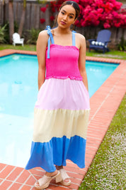 Vacay Vibes Hot Pink & Blue Smocked Color Block Maxi Dress | 2024 Blow-Out Sale Daverri Fashions