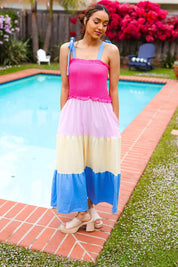 Vacay Vibes Hot Pink & Blue Smocked Color Block Maxi Dress | 2024 Blow-Out Sale Daverri Fashions