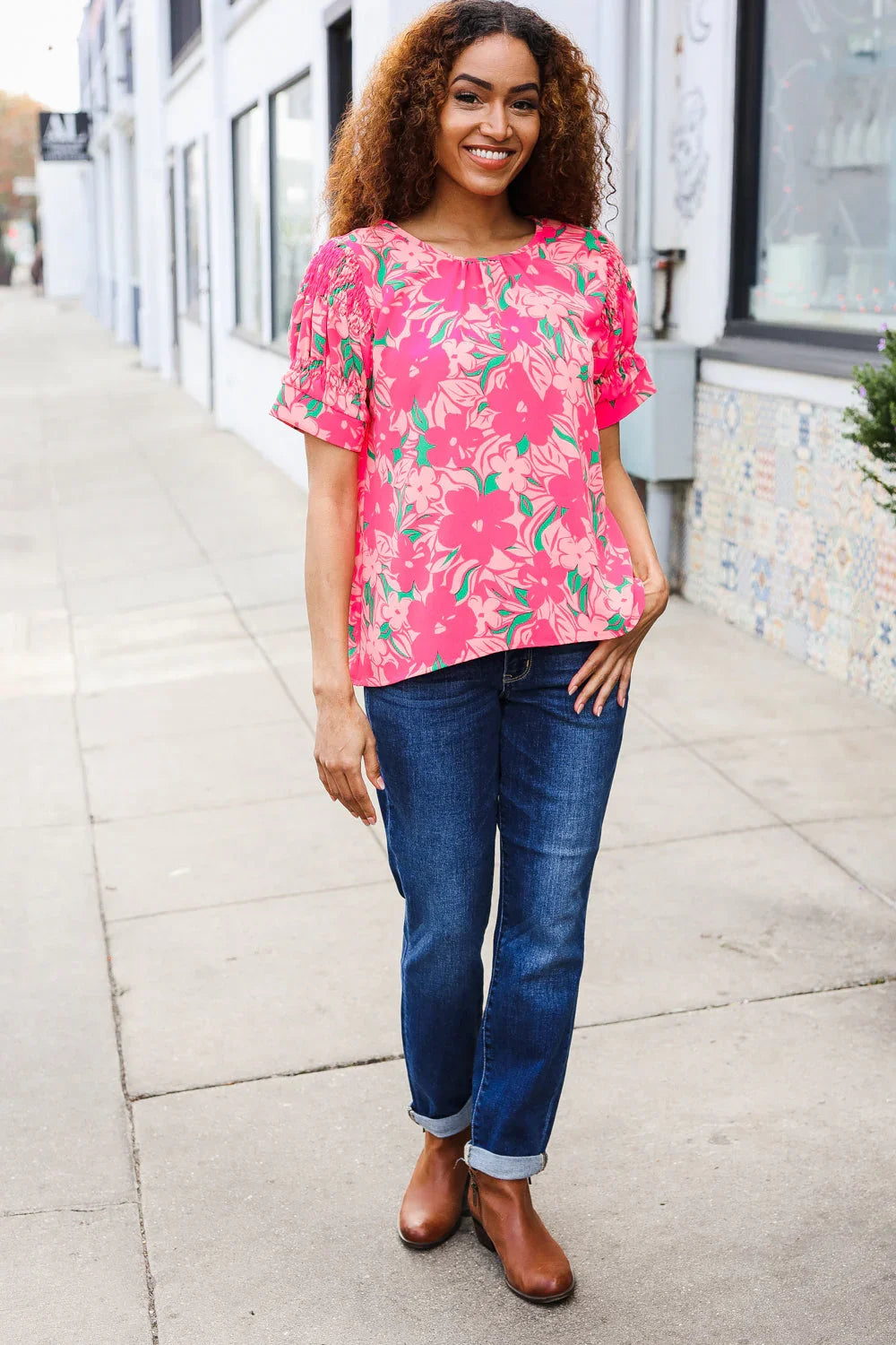 Vacay Vibes Floral Back Keyhole Short Smocked Banded Sleeve Top | Daverri Fashions