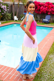 Vacay Vibes Hot Pink & Blue Smocked Color Block Maxi Dress | 2024 Blow-Out Sale Daverri Fashions