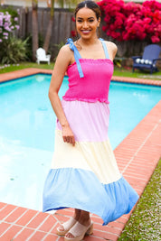 Vacay Vibes Hot Pink & Blue Smocked Color Block Maxi Dress | 2024 Blow-Out Sale Daverri Fashions