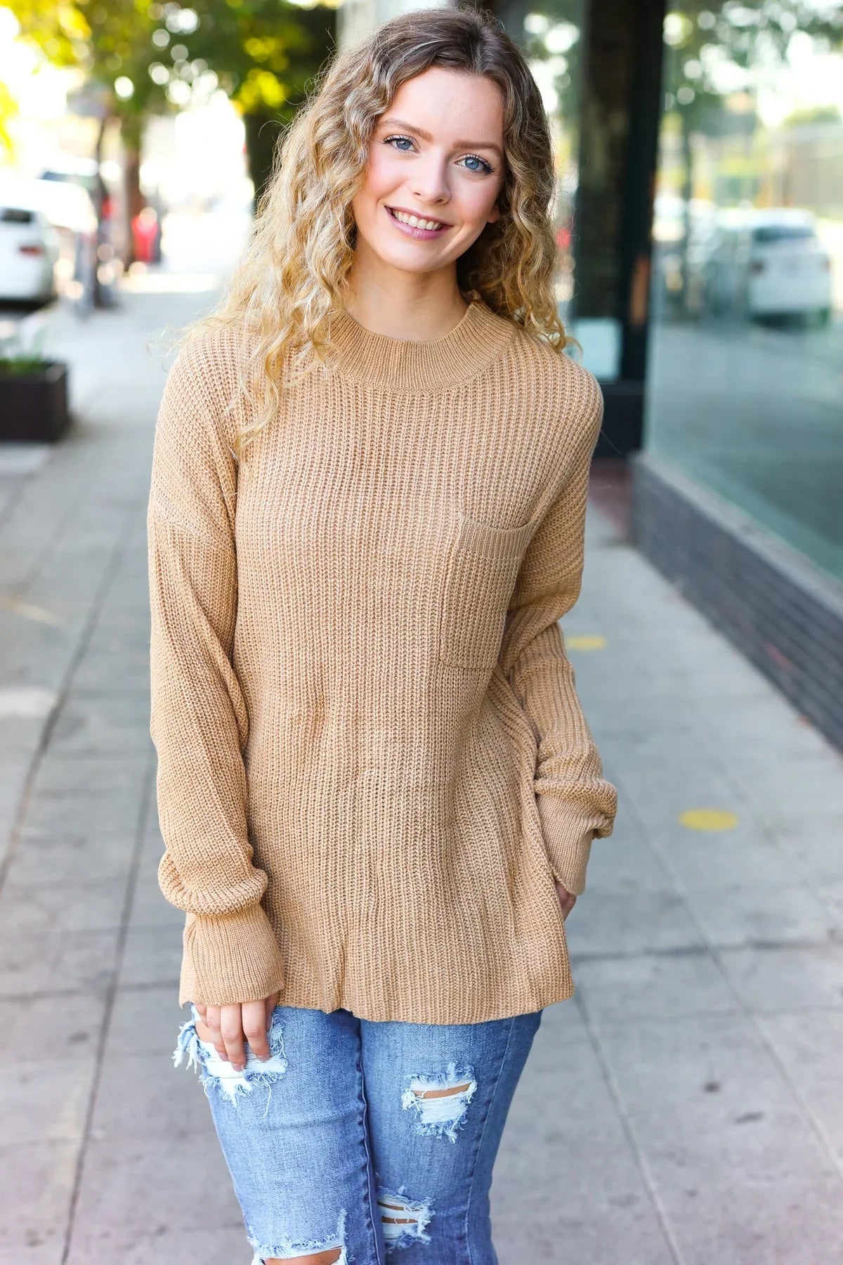 Classy Chic Taupe Mock Neck Chest Pocket Knit Sweater | Daverri Fashions