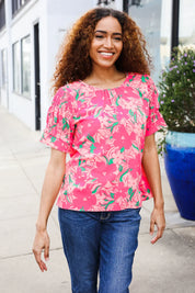 Vacay Vibes Floral Back Keyhole Short Smocked Banded Sleeve Top | Daverri Fashions