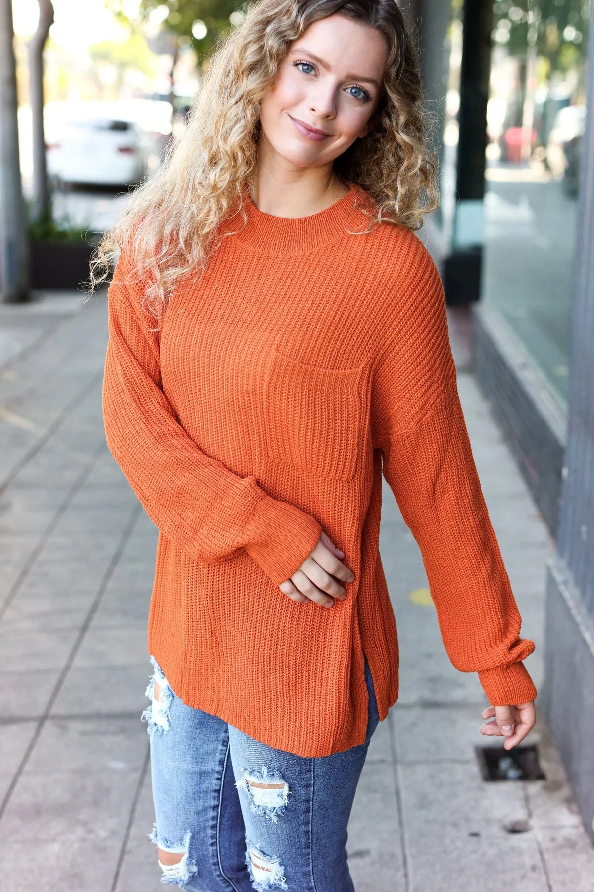 Pumpkin Spice Mock Neck Chest Pocket Knit Sweater | Daverri Fashions