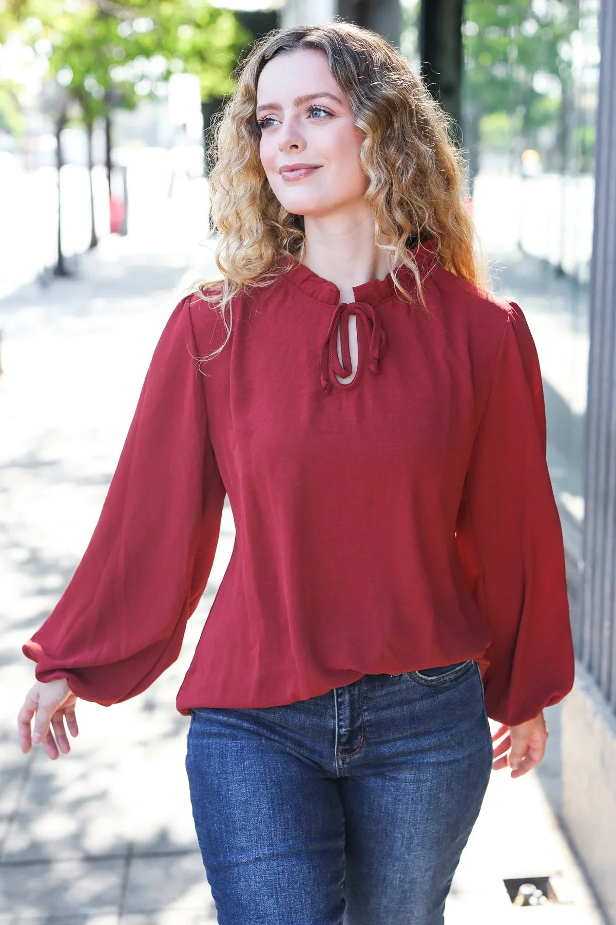 Feeling Femme Off Burgundy Frilled Edge V Neck Tie Top | Daverri Fashions