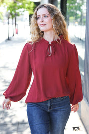 Feeling Femme Off Burgundy Frilled Edge V Neck Tie Top | Daverri Fashions