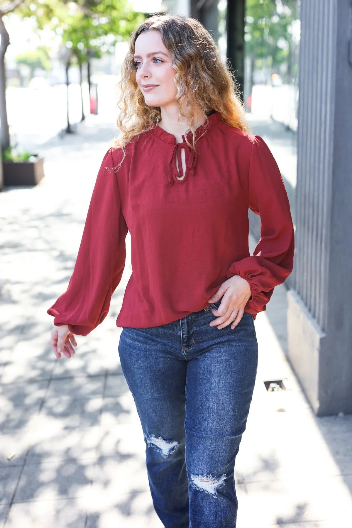 Feeling Femme Off Burgundy Frilled Edge V Neck Tie Top | Daverri Fashions