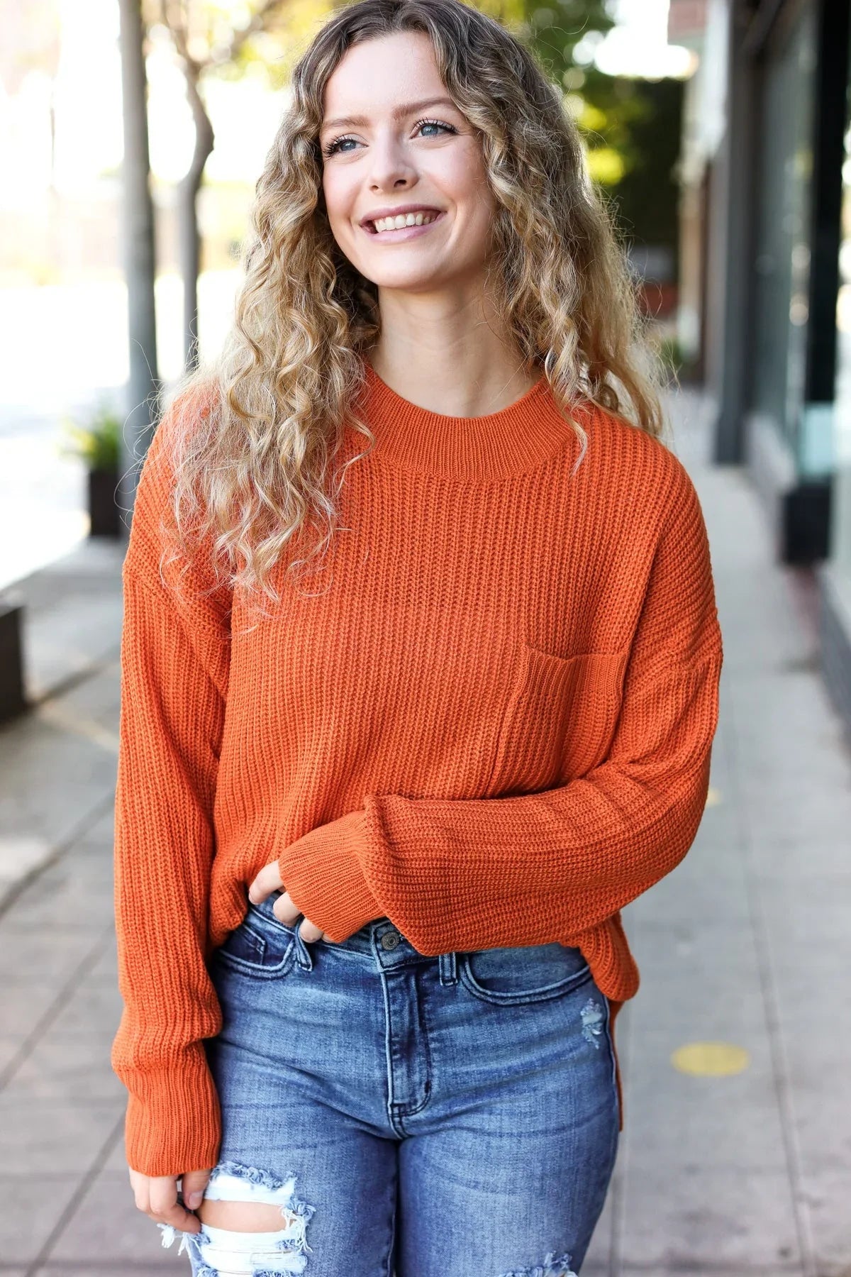 Pumpkin Spice Mock Neck Chest Pocket Knit Sweater | Daverri Fashions