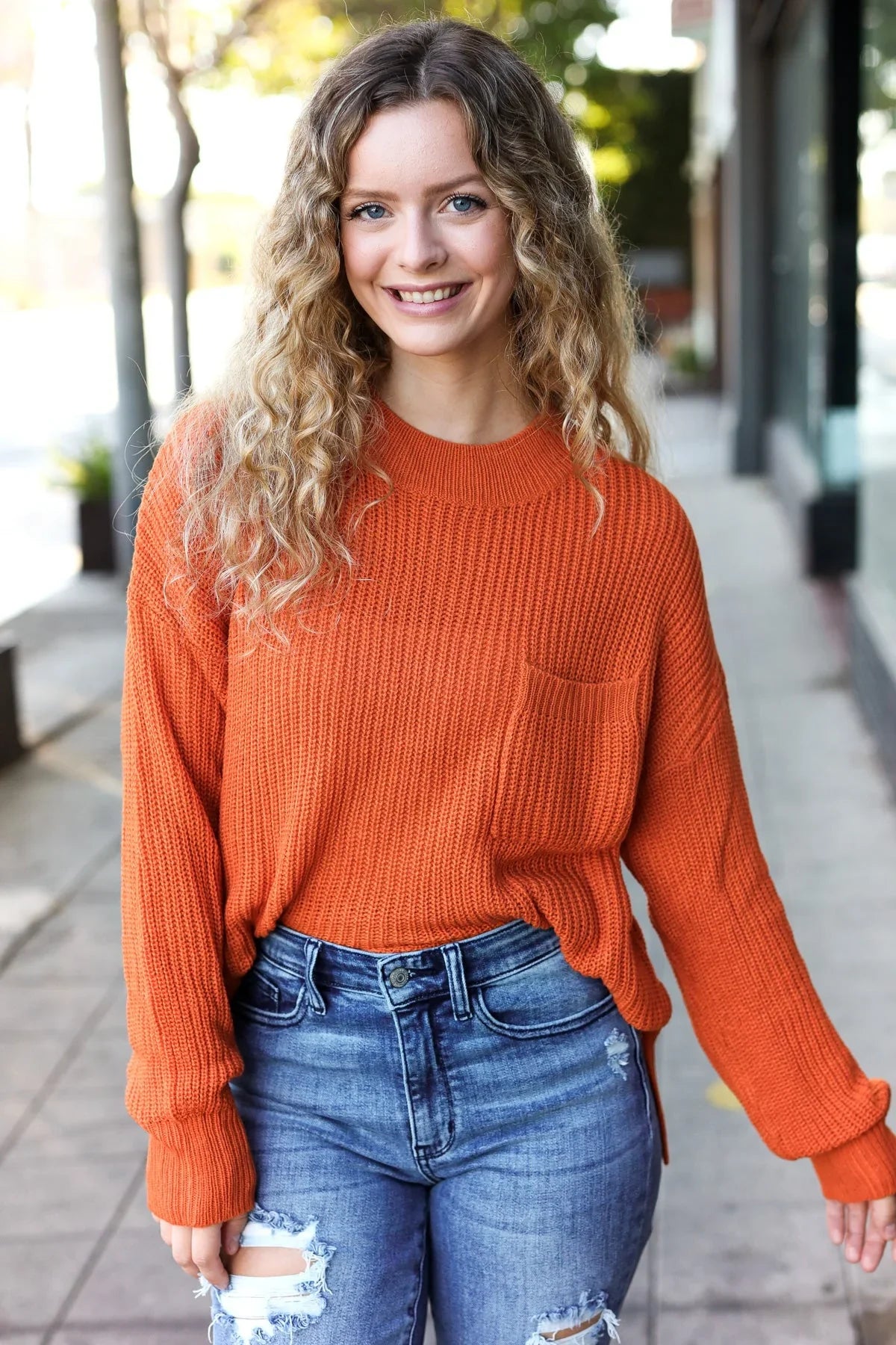 Pumpkin Spice Mock Neck Chest Pocket Knit Sweater | Daverri Fashions
