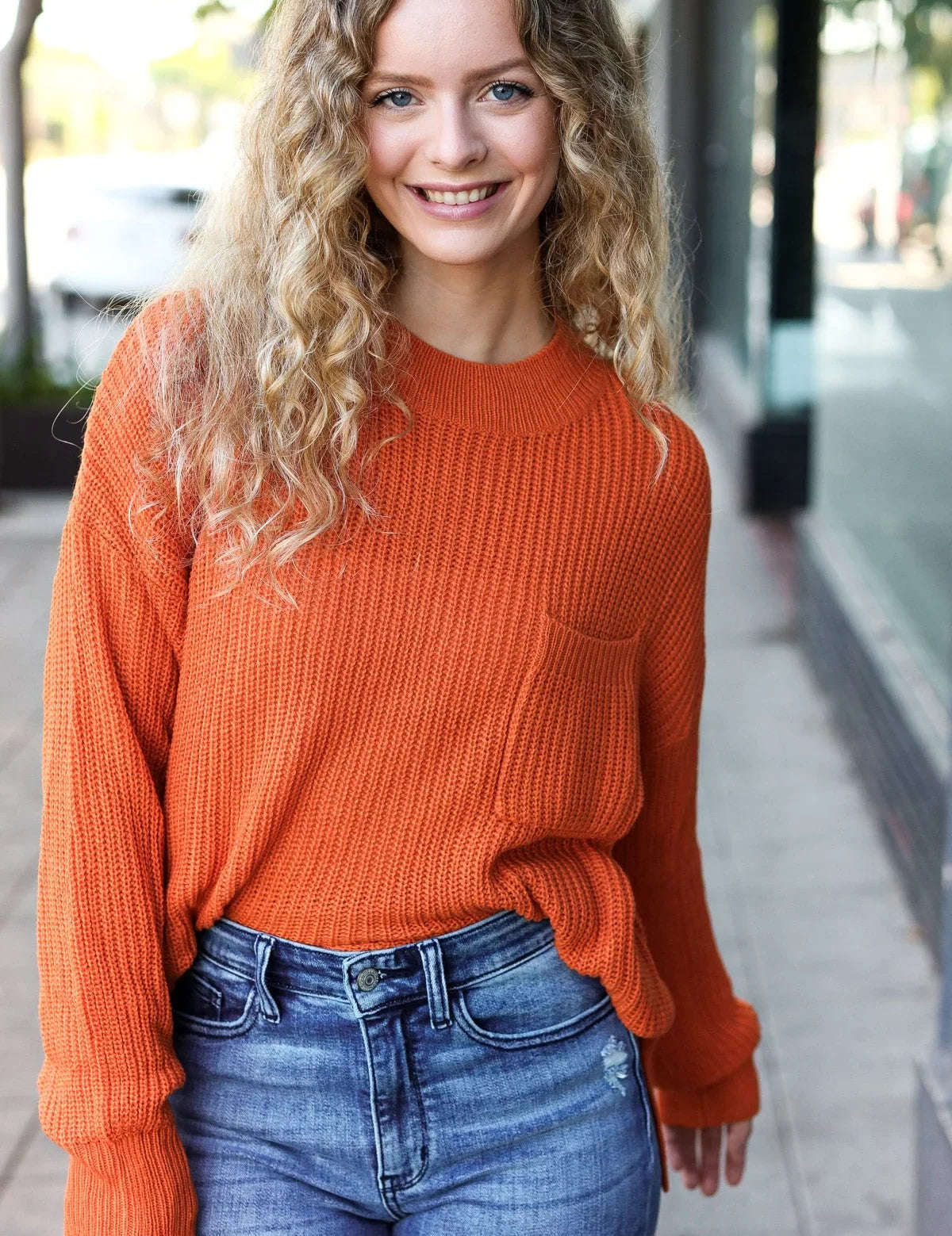 Pumpkin Spice Mock Neck Chest Pocket Knit Sweater | Daverri Fashions