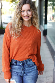 Pumpkin Spice Mock Neck Chest Pocket Knit Sweater | Daverri Fashions