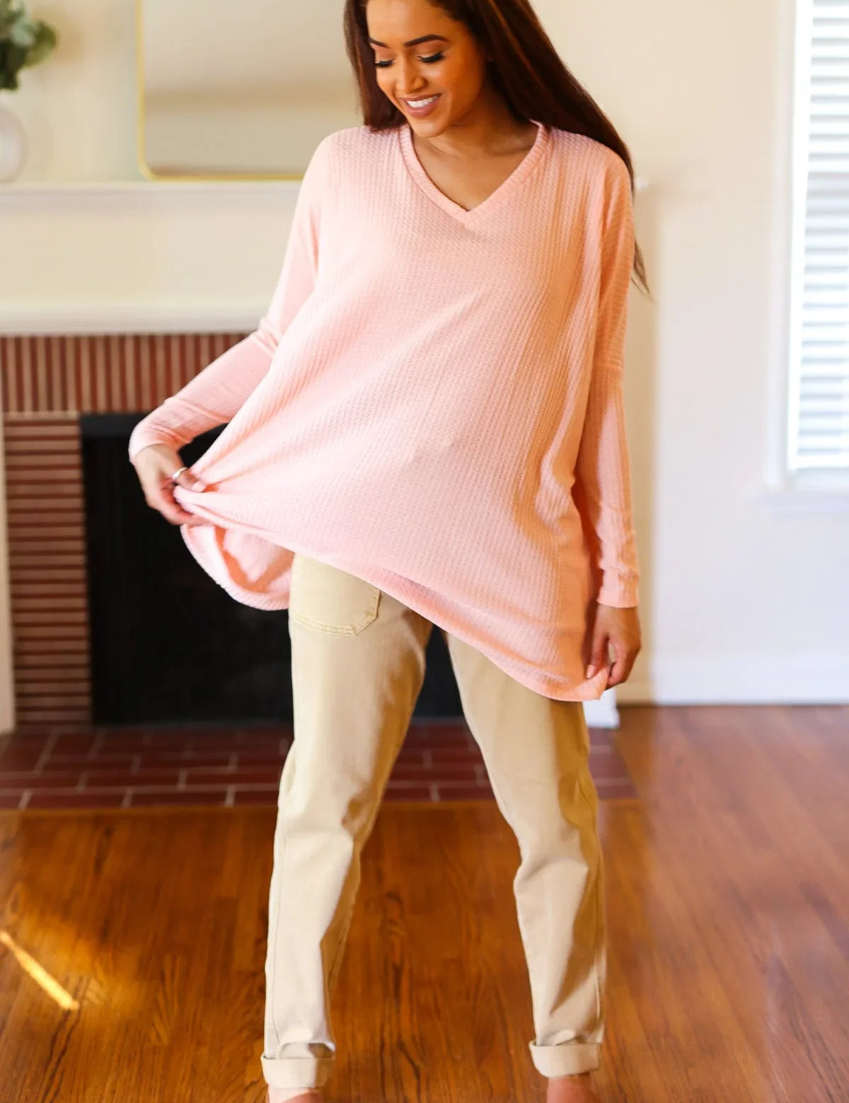 All For Love Peach Waffle Knit V Neck Dolman Top | 2024 Summer Blow Out Sale Daverri Fashions