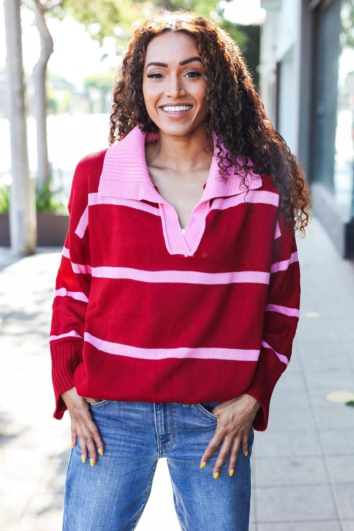 Fall For You Crimson Stripe Notched Neck Collared Oversized Sweater | 2024 Blow-Out Sale Daverri Fashions