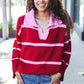 Fall For You Crimson Stripe Notched Neck Collared Oversized Sweater - DAVERRI FASHIONS
