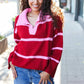 Fall For You Crimson Stripe Notched Neck Collared Oversized Sweater - DAVERRI FASHIONS