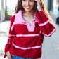 Fall For You Crimson Stripe Notched Neck Collared Oversized Sweater - DAVERRI FASHIONS