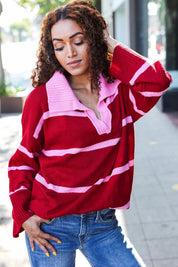 Fall For You Crimson Stripe Notched Neck Collared Oversized Sweater | 2024 Blow-Out Sale Daverri Fashions