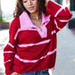 Fall For You Crimson Stripe Notched Neck Collared Oversized Sweater - DAVERRI FASHIONS