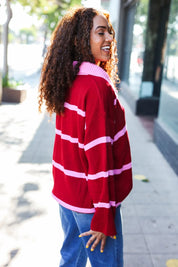 Fall For You Crimson Stripe Notched Neck Collared Oversized Sweater | 2024 Blow-Out Sale Daverri Fashions