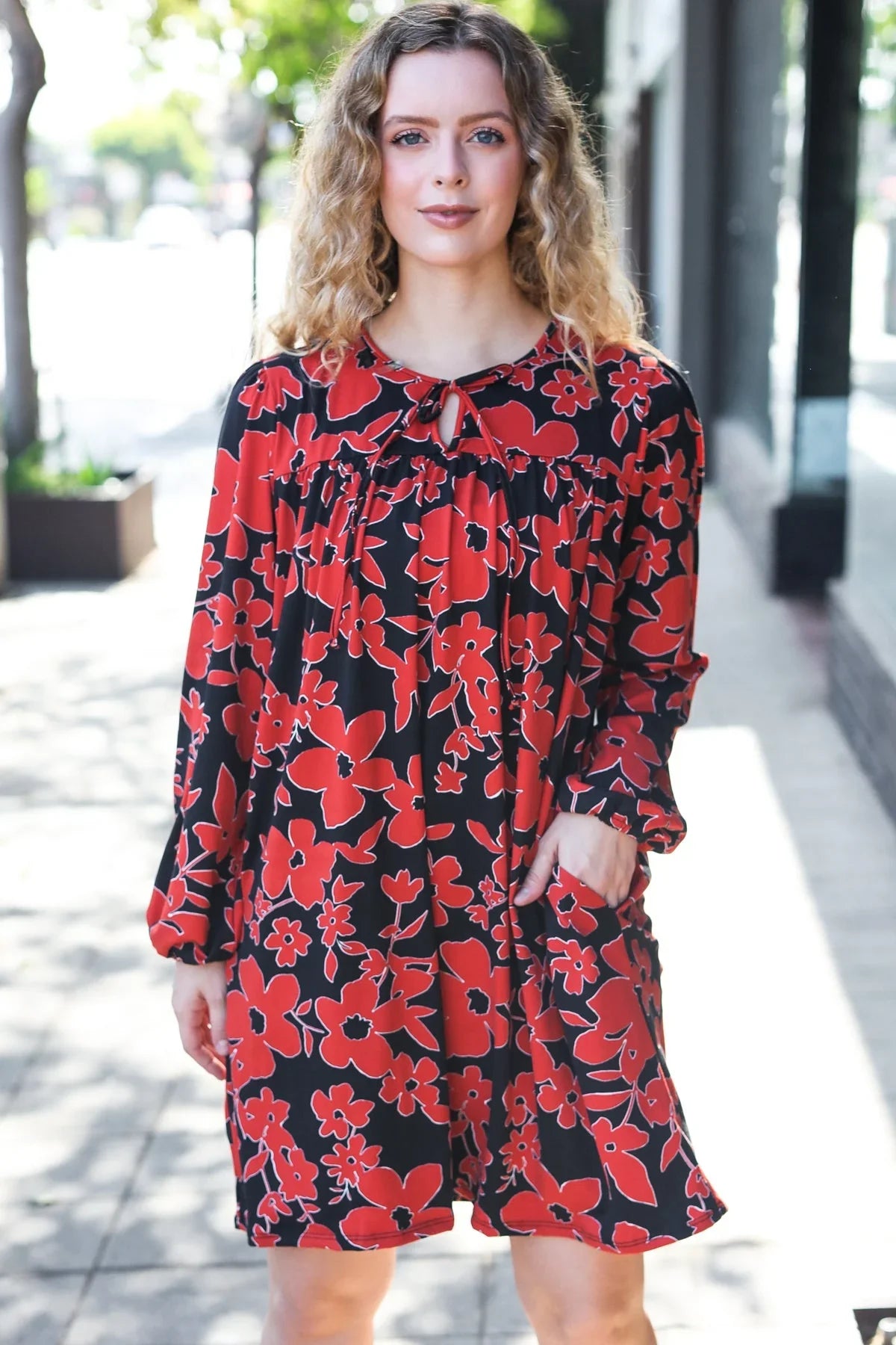 Boldly You Rust & Black Floral Print Front Tie Dress | Daverri Fashions