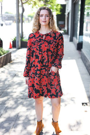 Boldly You Rust & Black Floral Print Front Tie Dress | Daverri Fashions