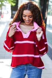 Fall For You Crimson Stripe Notched Neck Collared Oversized Sweater | 2024 Blow-Out Sale Daverri Fashions