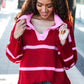 Fall For You Crimson Stripe Notched Neck Collared Oversized Sweater - DAVERRI FASHIONS