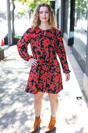 Boldly You Rust & Black Floral Print Front Tie Dress | Daverri Fashions