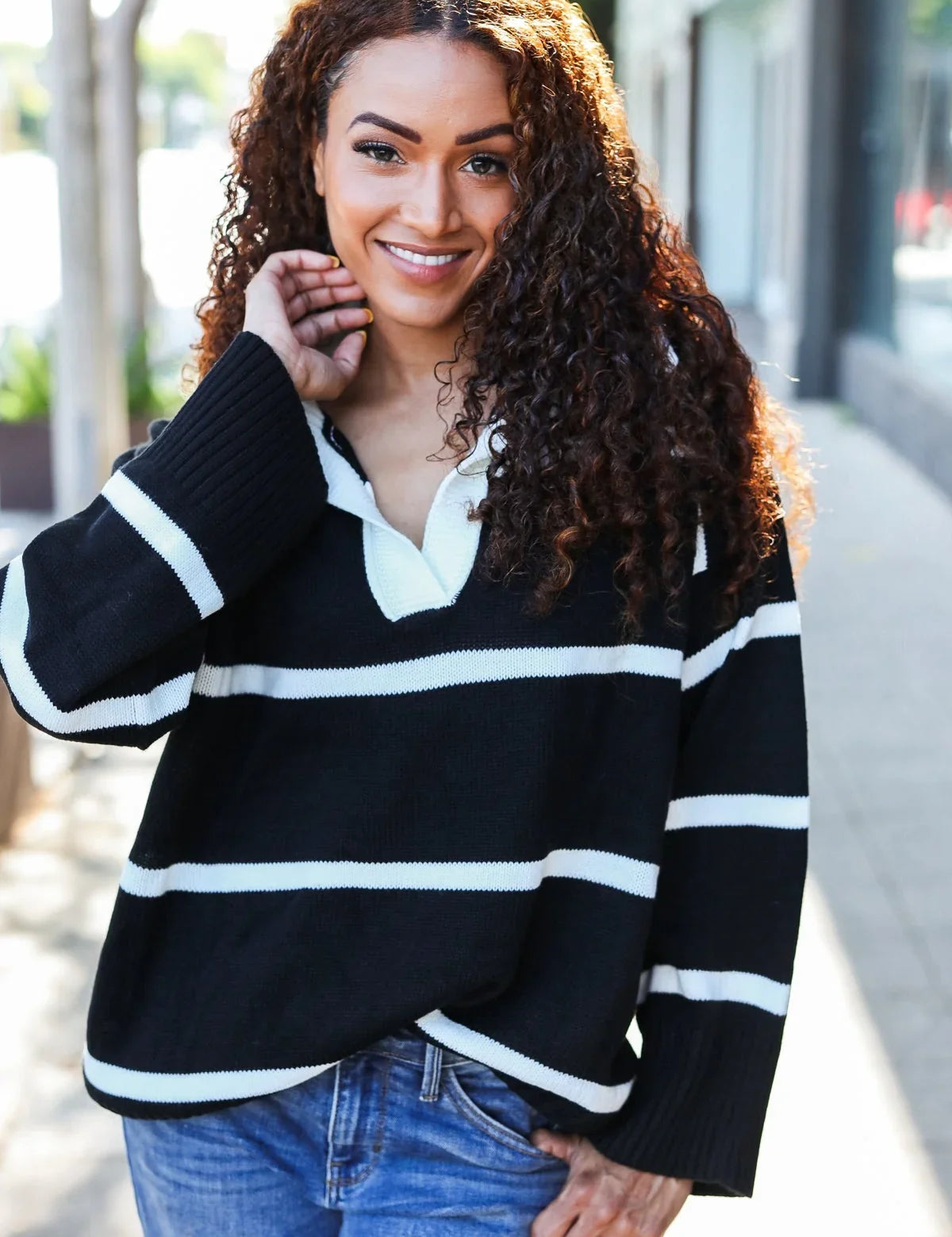 Fall For You Black Stripe Notched Neck Collared Oversized Sweater | Daverri Fashions