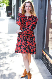 Boldly You Rust & Black Floral Print Front Tie Dress | Daverri Fashions