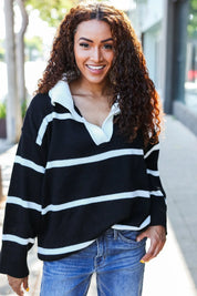 Fall For You Black Stripe Notched Neck Collared Oversized Sweater | Daverri Fashions