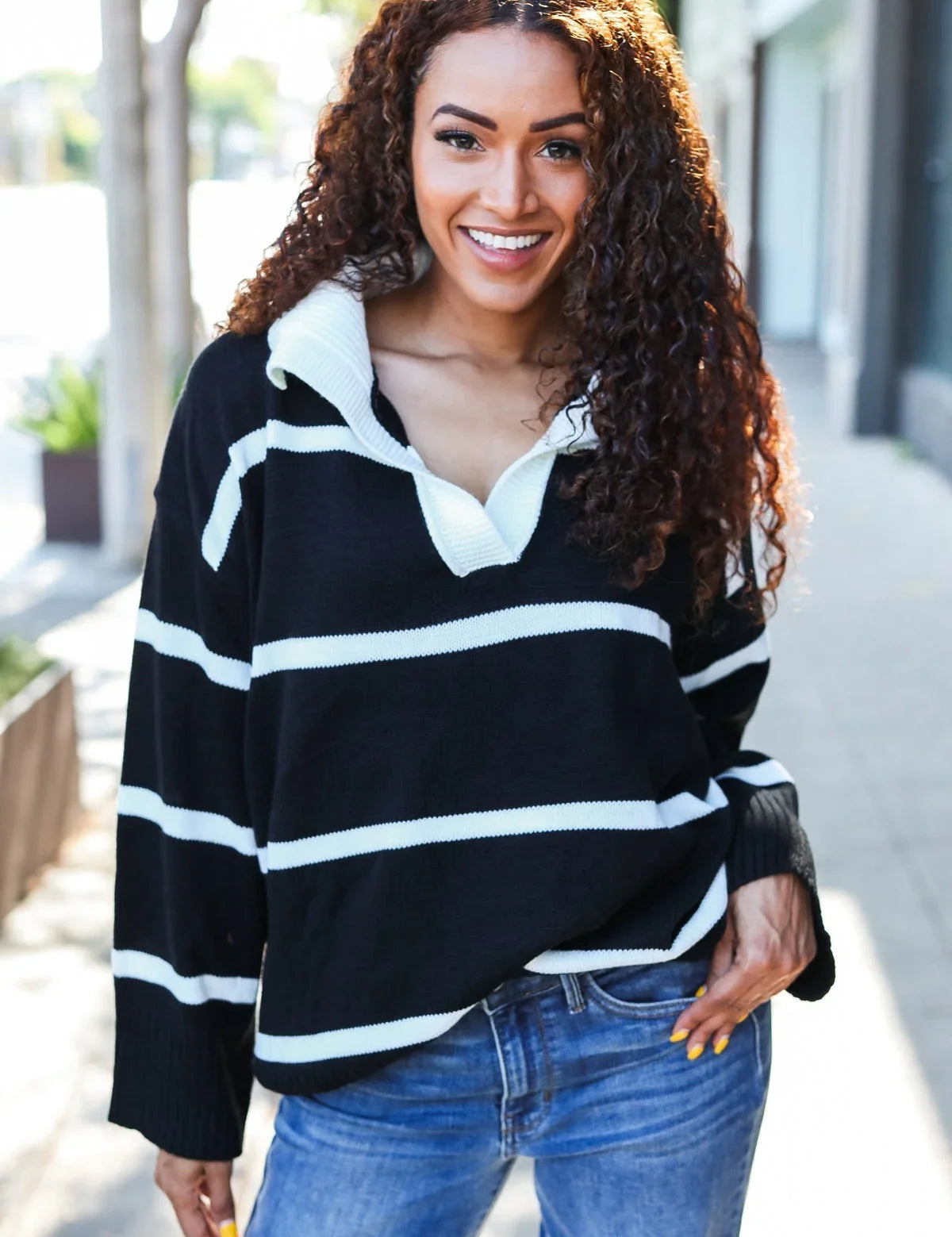 Fall For You Black Stripe Notched Neck Collared Oversized Sweater | Daverri Fashions