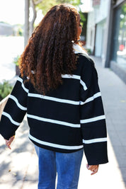 Fall For You Black Stripe Notched Neck Collared Oversized Sweater | Daverri Fashions