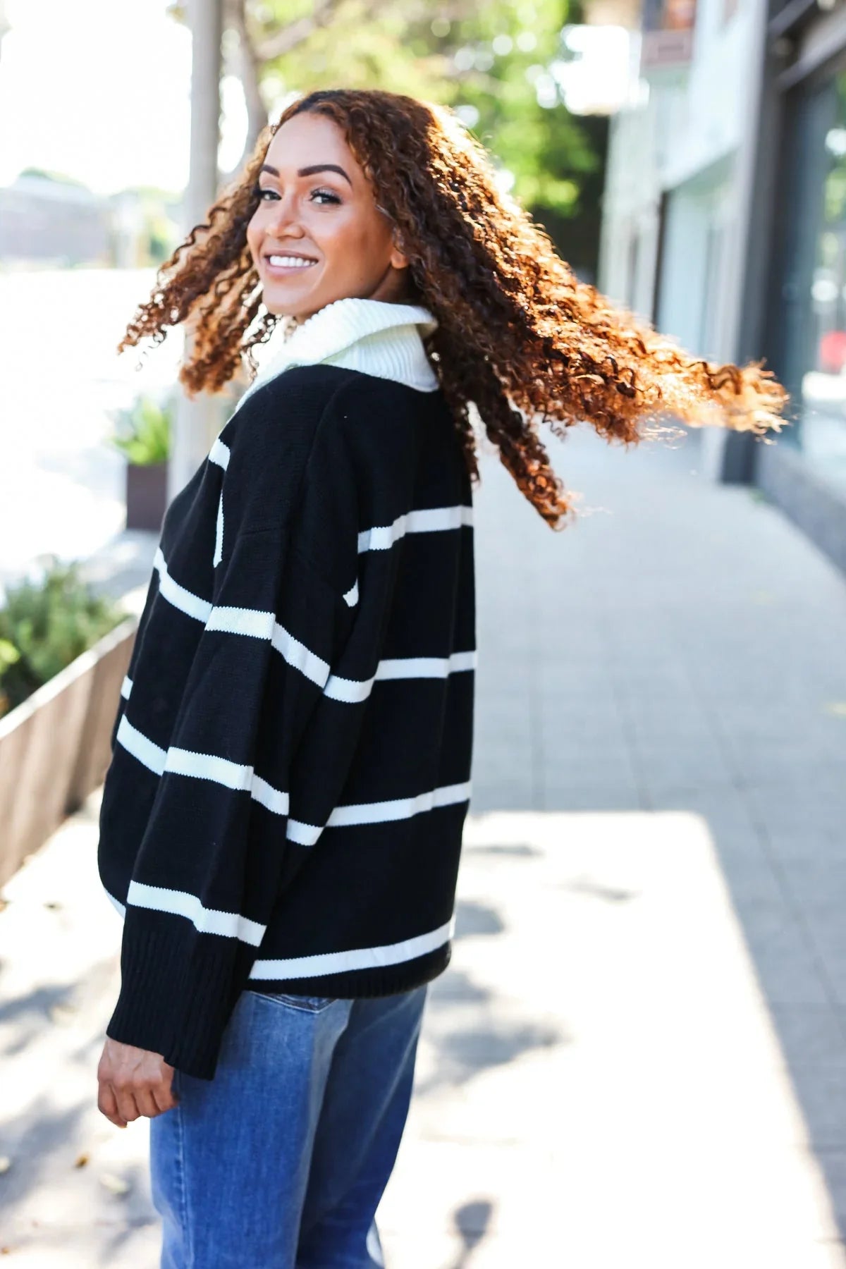 Fall For You Black Stripe Notched Neck Collared Oversized Sweater | Daverri Fashions