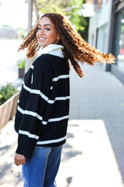 Fall For You Black Stripe Notched Neck Collared Oversized Sweater | Daverri Fashions