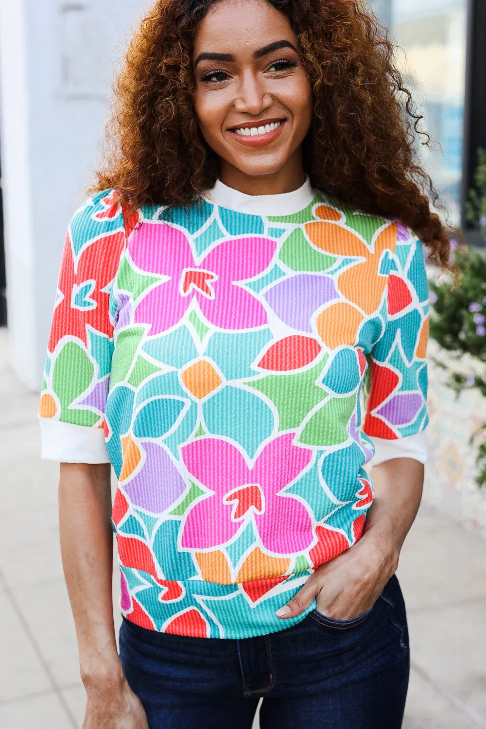 Spring Vibes Multicolor floral Rib Back Bow Tie Detail Top | 07-01-25 Summer Sale Daverri Fashions