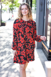 Boldly You Rust & Black Floral Print Front Tie Dress | Daverri Fashions