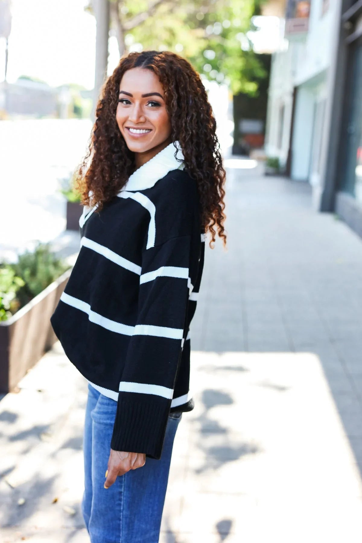 Fall For You Black Stripe Notched Neck Collared Oversized Sweater | Daverri Fashions