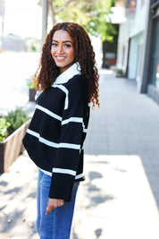 Fall For You Black Stripe Notched Neck Collared Oversized Sweater | Daverri Fashions