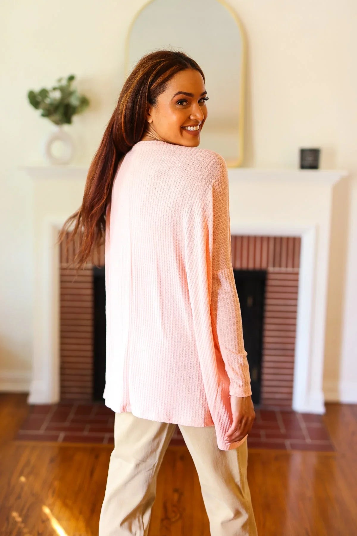 All For Love Peach Waffle Knit V Neck Dolman Top | 2024 Summer Blow Out Sale Daverri Fashions