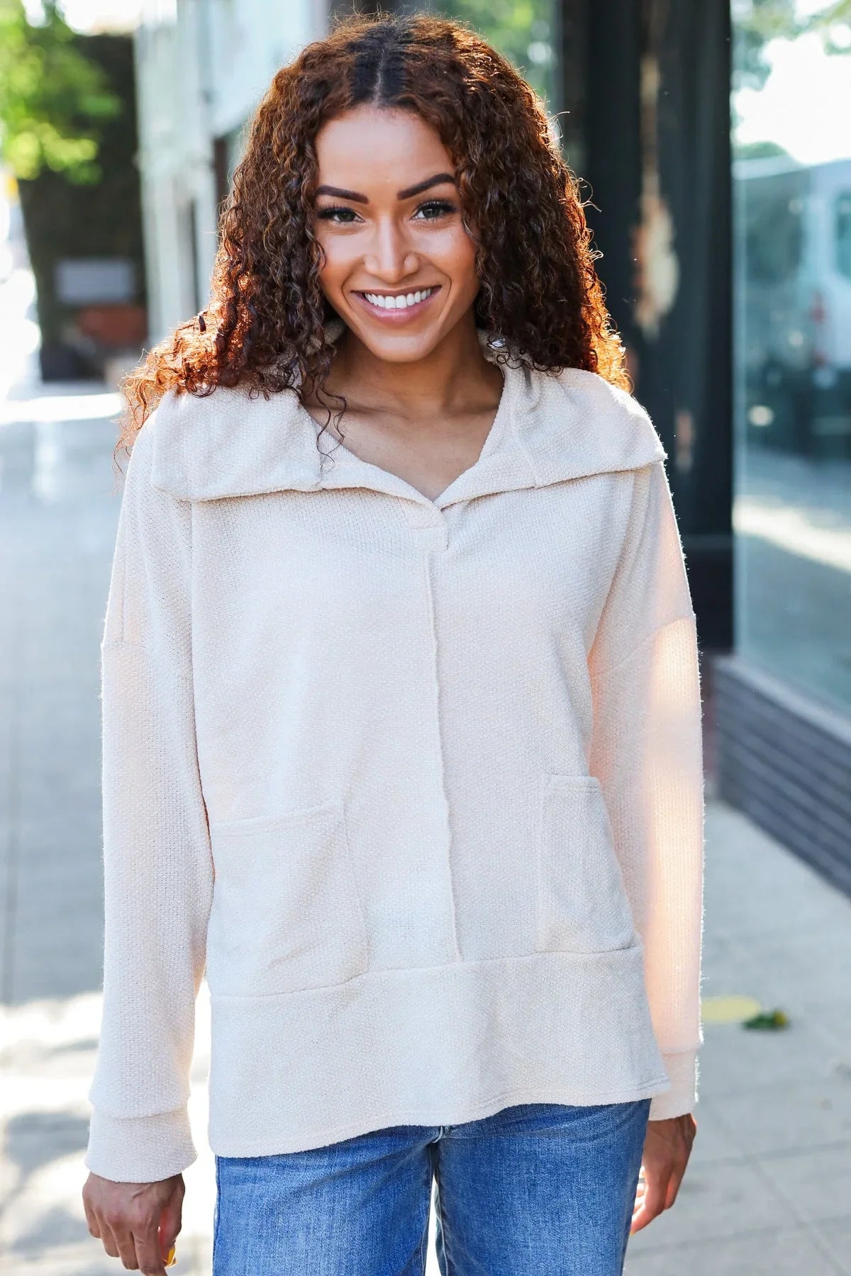 Easy Living Oatmeal Textured Knit Notch Neck Oversized Collar Sweater | 2024 Blow-Out Sale Daverri Fashions