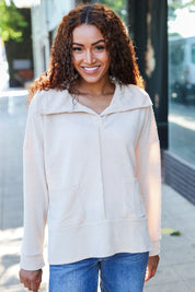 Easy Living Oatmeal Textured Knit Notch Neck Oversized Collar Sweater | 2024 Blow-Out Sale Daverri Fashions