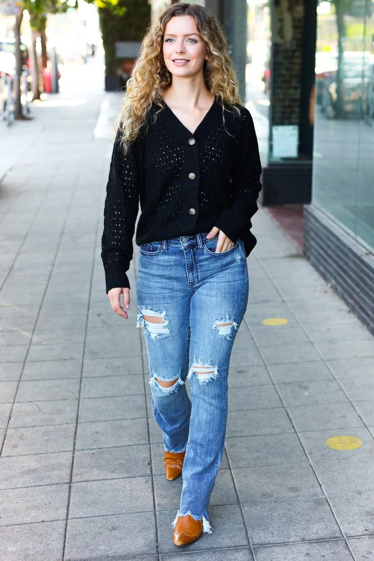 Black sequined pointelle knit button-down cardigan with long sleeves