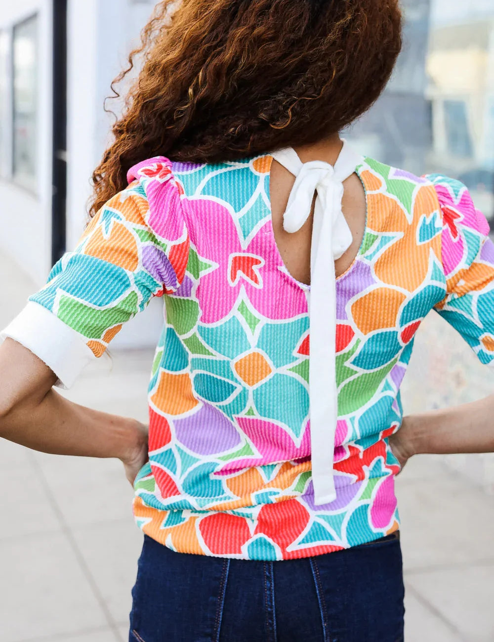 Spring Vibes Multicolor floral Rib Back Bow Tie Detail Top | 07-01-25 Summer Sale Daverri Fashions