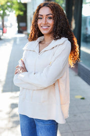 Easy Living Oatmeal Textured Knit Notch Neck Oversized Collar Sweater | 2024 Blow-Out Sale Daverri Fashions