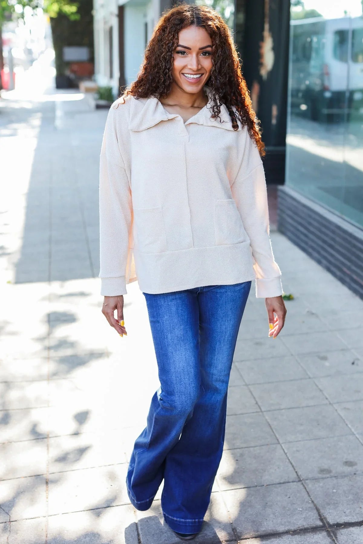 Easy Living Oatmeal Textured Knit Notch Neck Oversized Collar Sweater | 2024 Blow-Out Sale Daverri Fashions