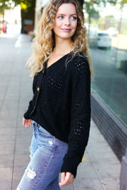 Black V-Neck Follow Me Pointelle Knit Cardigan with Eyelet Details
