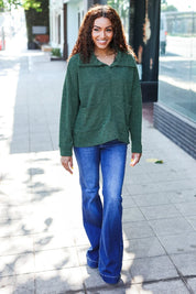 Easy Living Olive Textured Knit Notch Neck Oversized Collar Sweater | Daverri Fashions