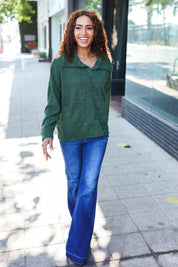 Easy Living Olive Textured Knit Notch Neck Oversized Collar Sweater | Daverri Fashions