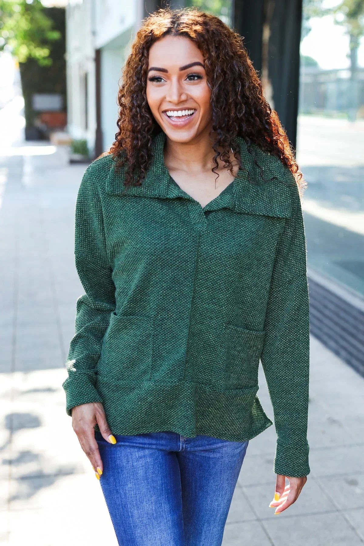 Easy Living Olive Textured Knit Notch Neck Oversized Collar Sweater | Daverri Fashions